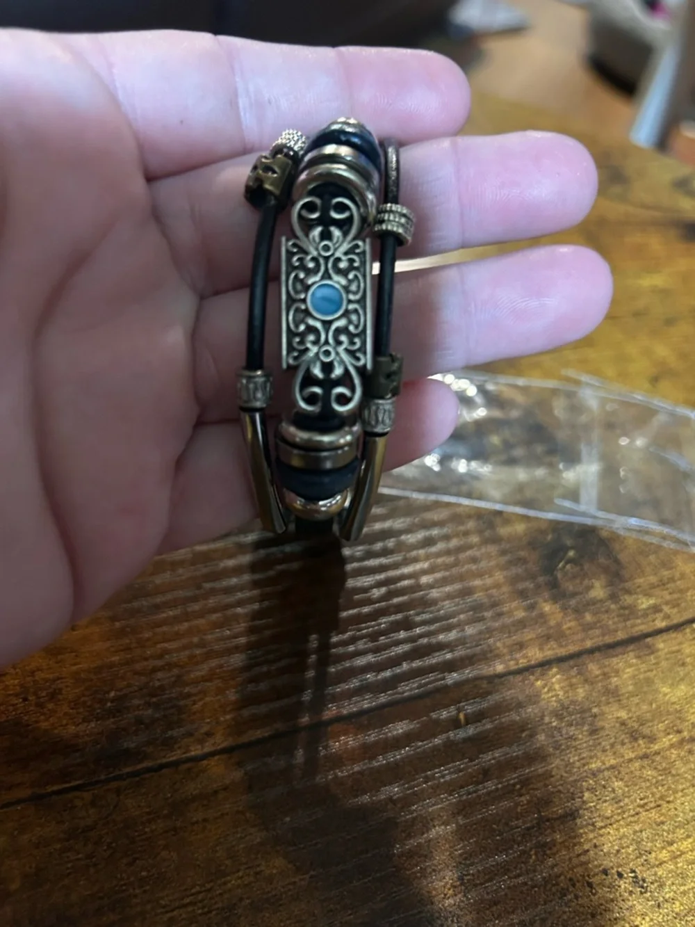 Vintage Multilayer Black Leather Bracelet Silver Accents and Turquoise Stone